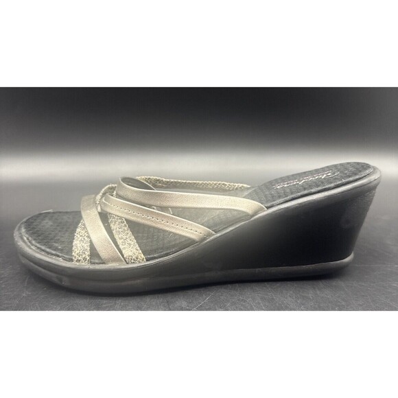 Skechers Women’s Open Toe Slip-on Strappy Wedge BLACK SILVER Sandal Heels Sz 9 - Picture 5 of 16